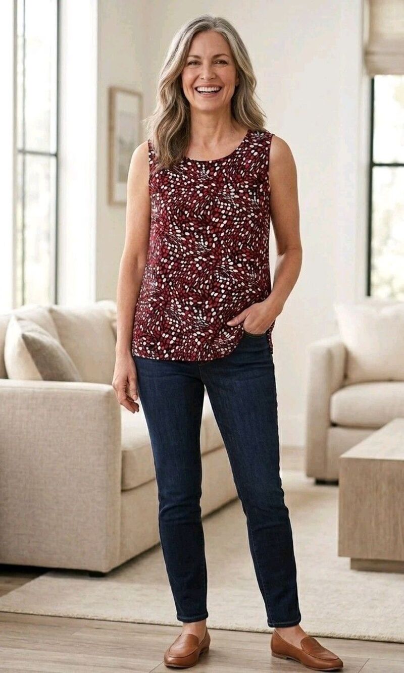 Chico's "2" Sleeveless Top Red Black White Hi Lo Hemline V Neck Size Large